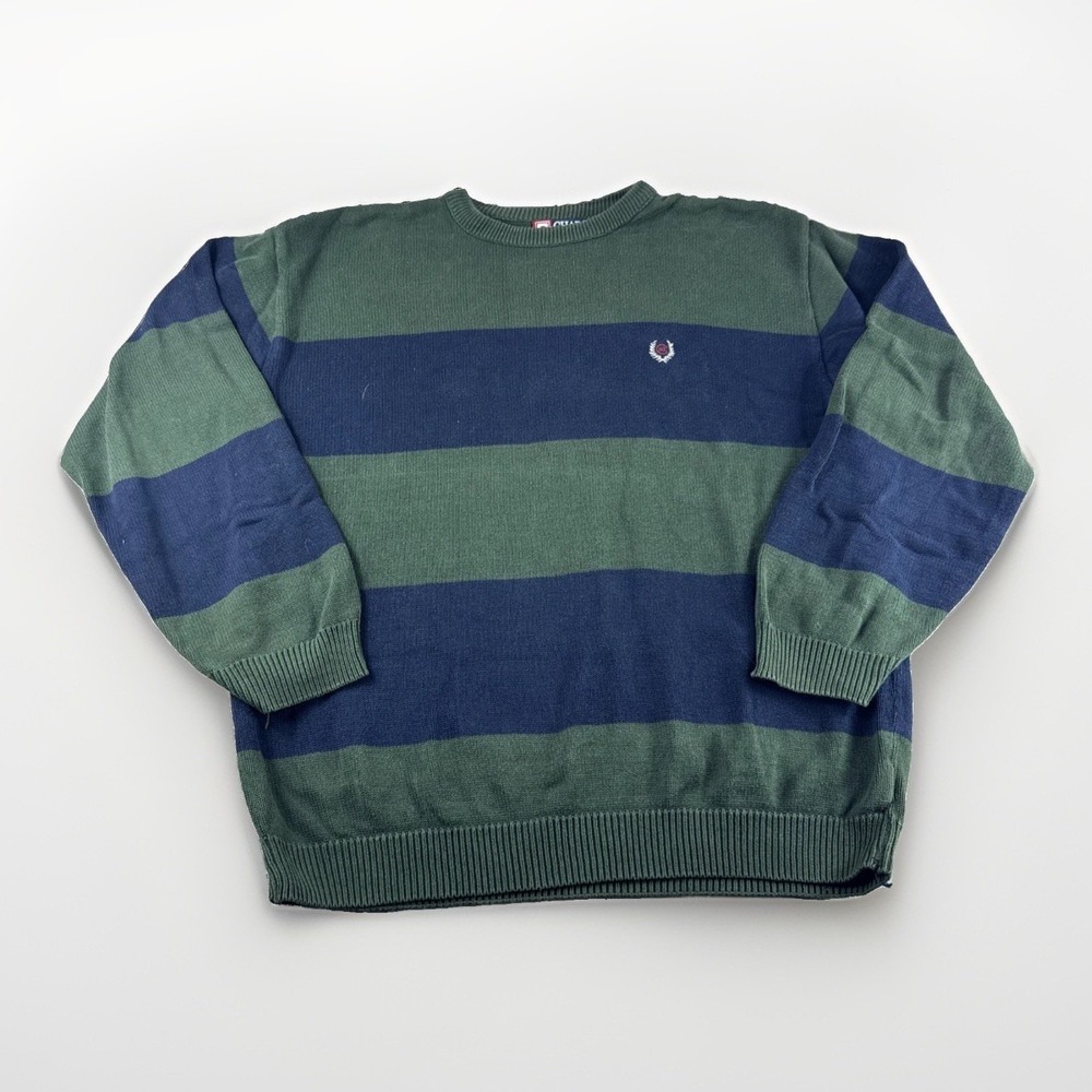 Vintage Chaps Ralph Lauren Sweater Mens L Blue Green Striped Sweatshirt Crest